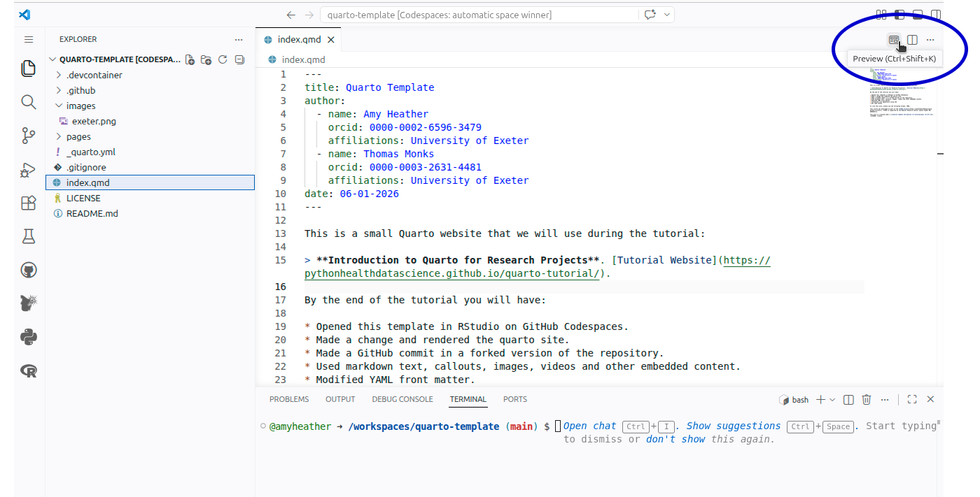 Screenshot of VSCode with Preview button circled.