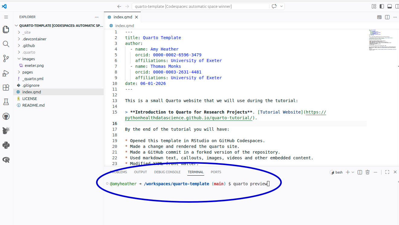 Screenshot of VSCode with 'quarto preview' command in Terminal circled.