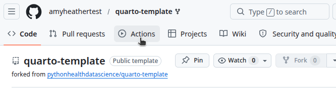 Screenshot of cursor hovering on Actions tab.