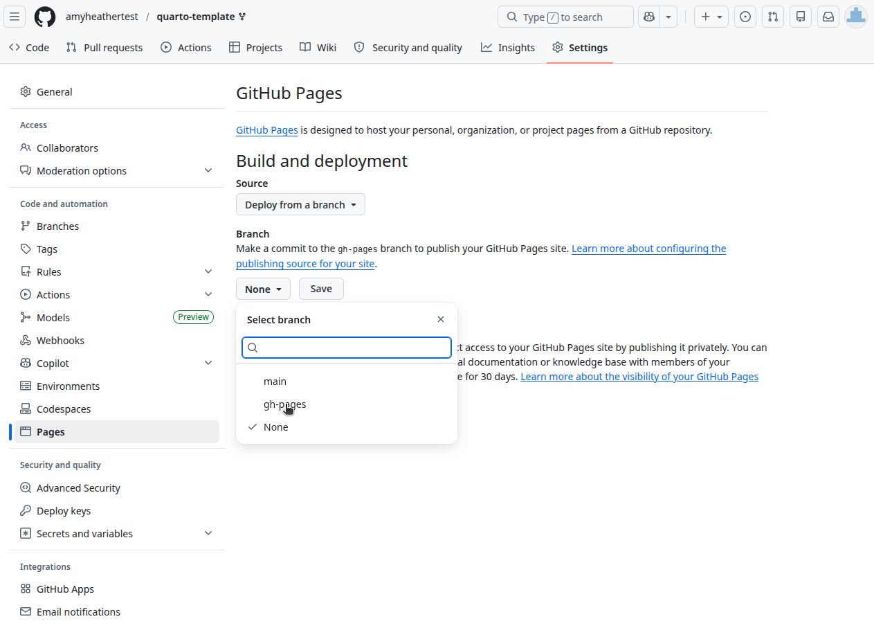 Screenshot of GitHub Pages settings page.