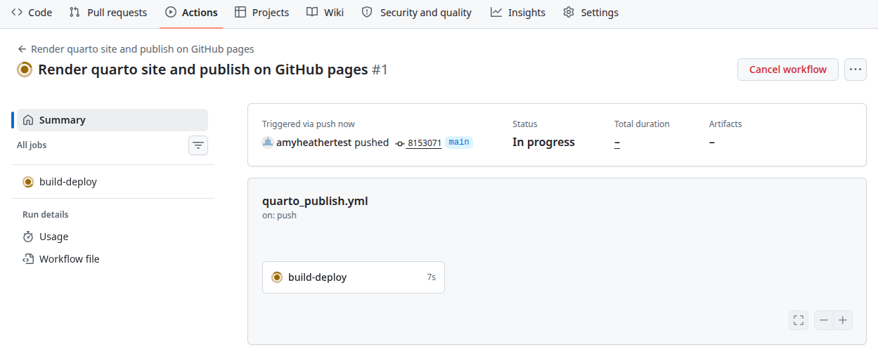 Screenshot of a running workflow with build-deploy job.