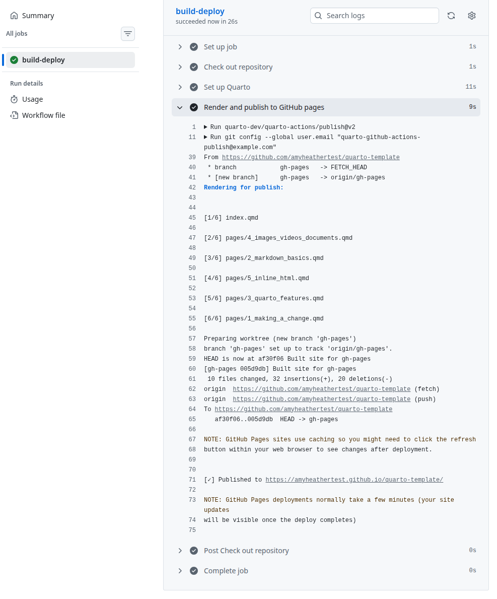 Screenshot showing the GitHub Pages URL in the workflow output.