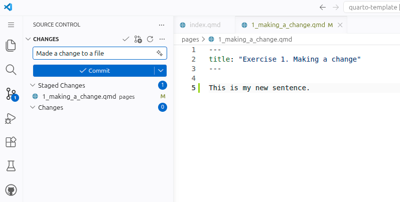 Screenshot showing a commit message has been written.