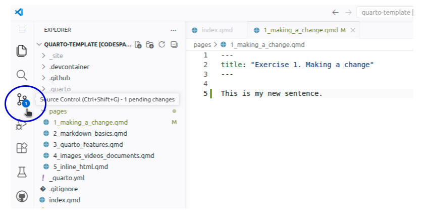 Screenshot of VSCode sidebar with Source Control button circled.