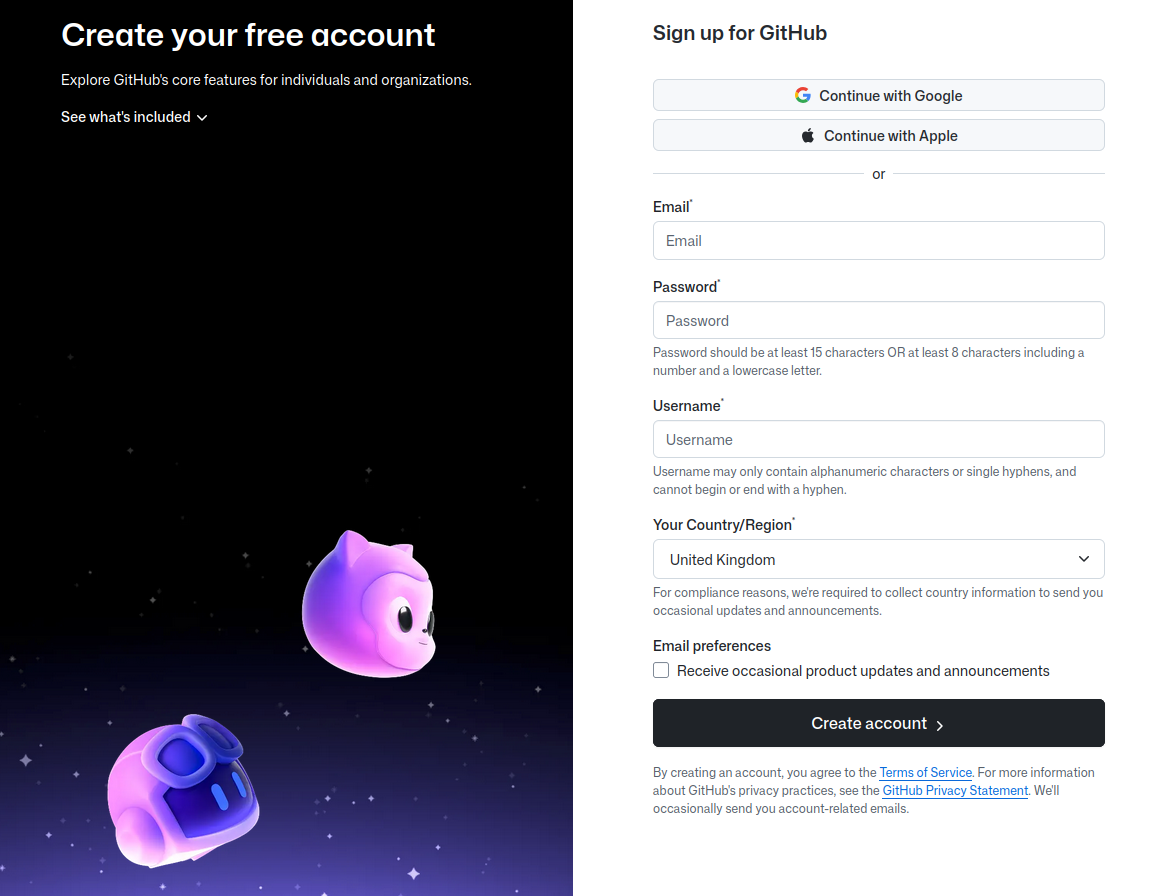 Screenshot from GitHub page to create a new account.