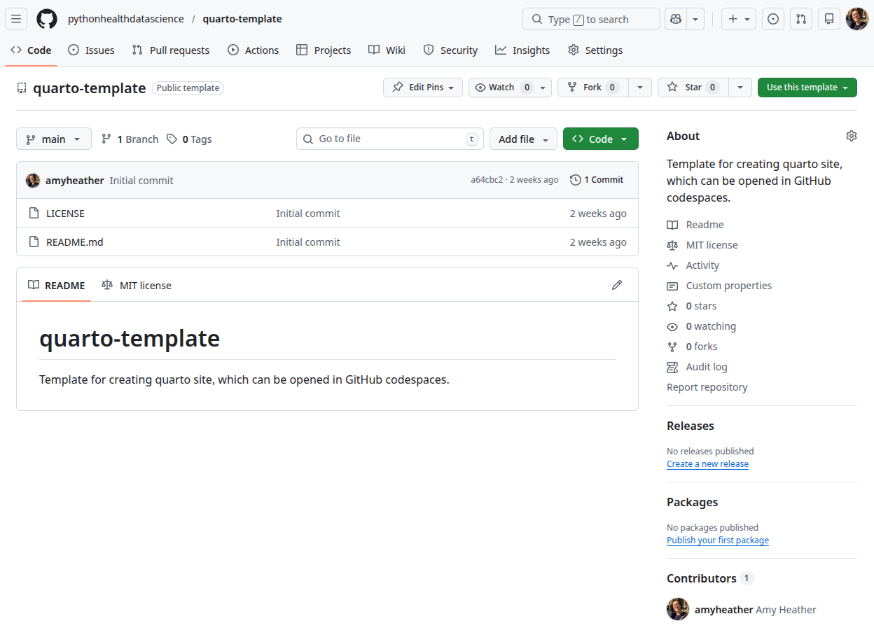 Screenshot of quarto-template GitHub repository