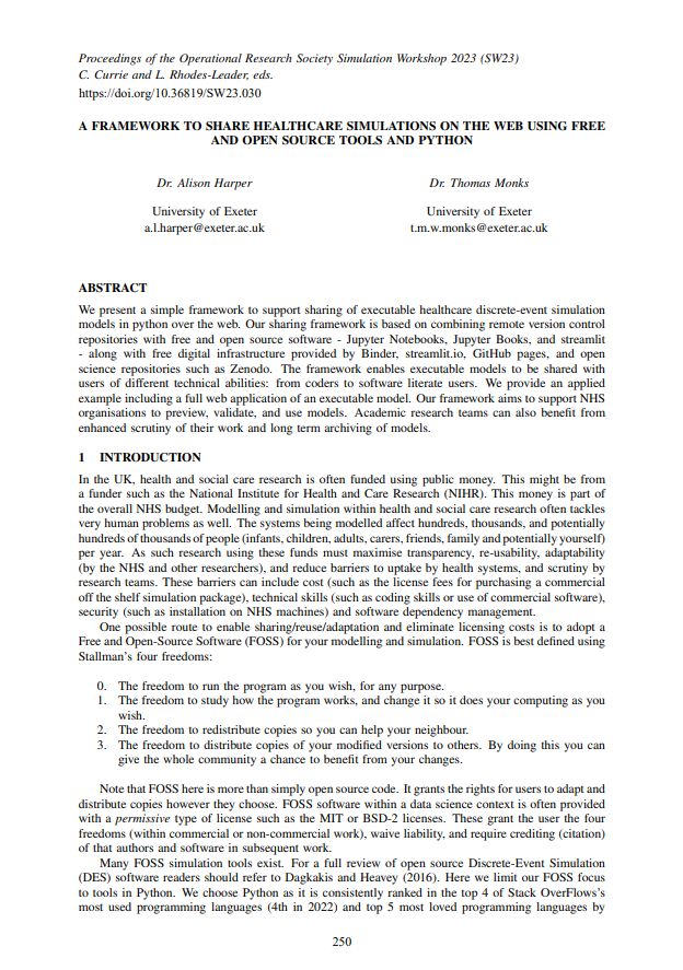 A framework to share healthcare simulations on the web using free and open source tools and Python
