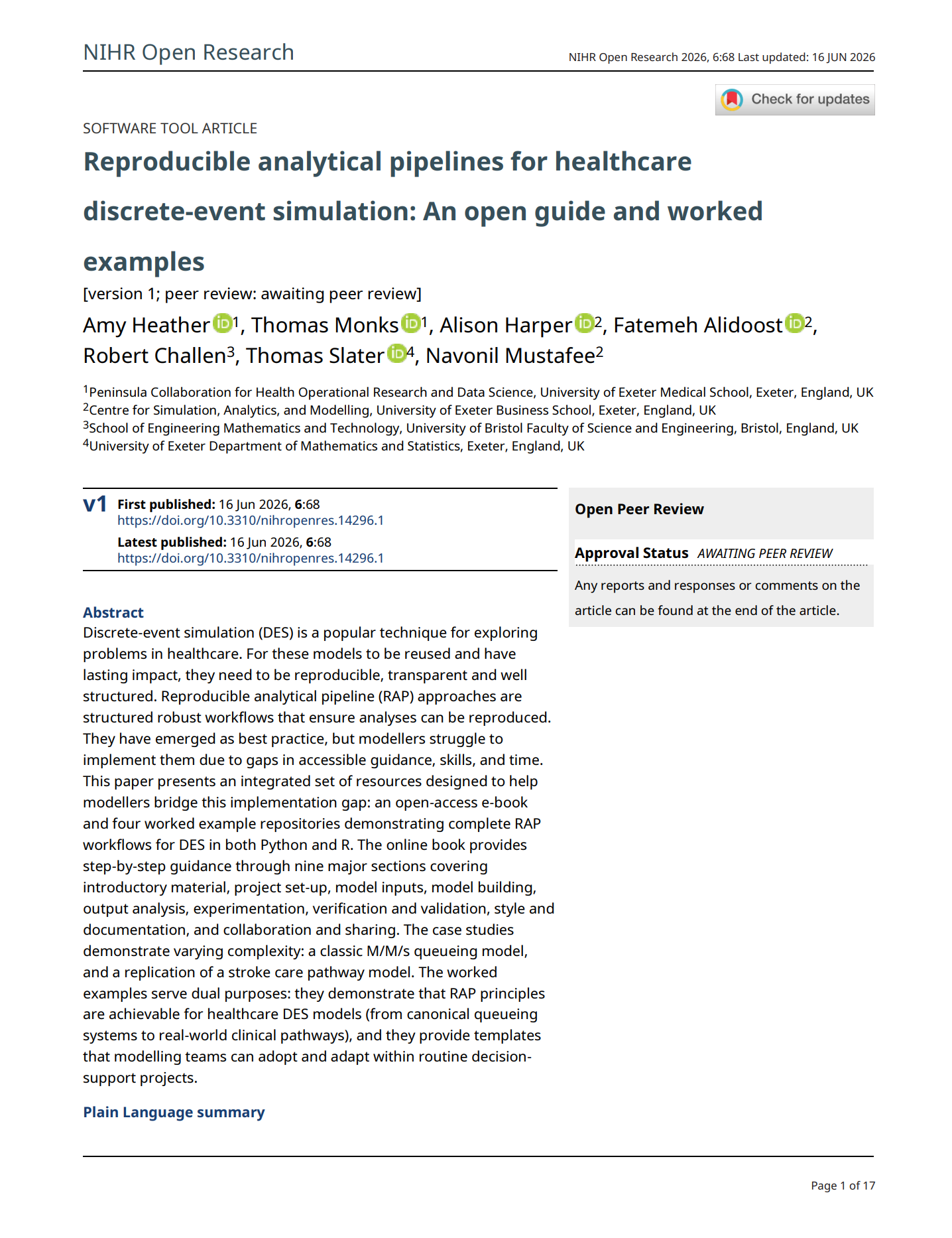 Reproducible analytical pipelines for healthcare discrete‑event simulation: An open guide and worked examples